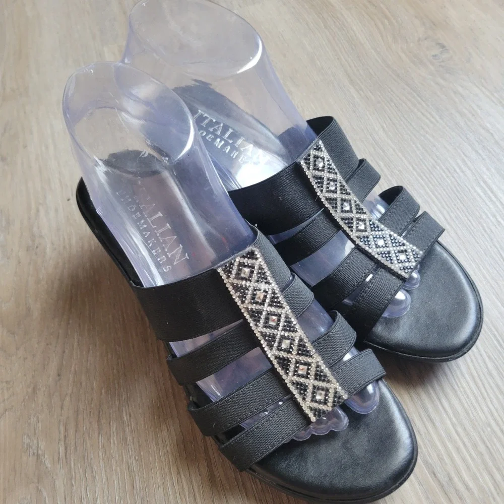 Italian Shoemakers Womens Wedge Sandals 8 Black Rhinestone Elastic Frankie Slide